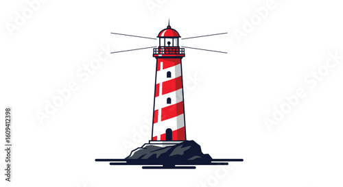 A tall red and white striped lighthouse stands proudly on a rocky outcropping guiding ships