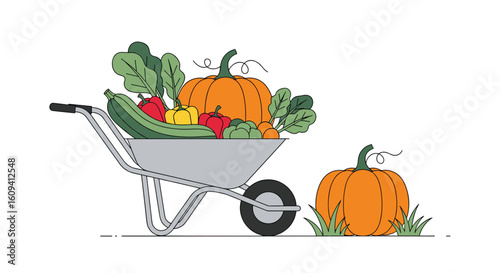 Abundant harvest from the garden full of fresh vegetables and pumpkins ready for autumn