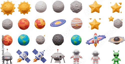 Collection of Space Elements and Celestial Bodies in a Stylized and Playful 3D Render
