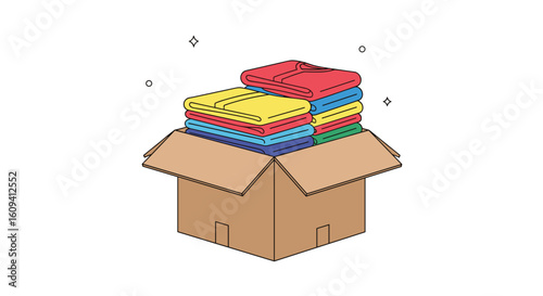 Brightly colored folded clothes stacked neatly inside an open cardboard box