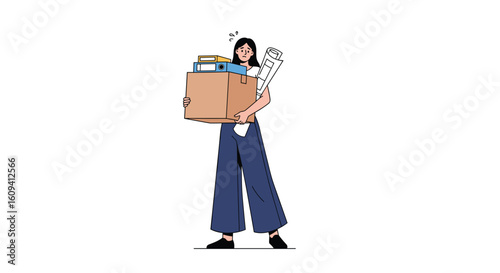 Young woman holding a cardboard box full of belongings and documents walking away from office