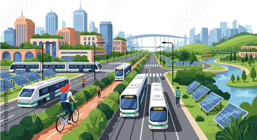 Sustentability sustainable city transportation with electric bus, solar panels and bike lane for eco friendly lifestyle vector