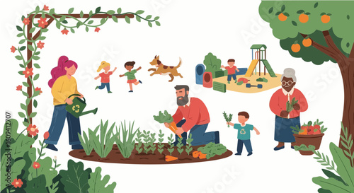 Sustentability community garden illustration featuring families gardening, children playing, and healthy outdoor activities vector