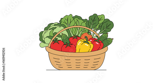 Fresh garden vegetables harvested and arranged in a wicker basket for healthy eating