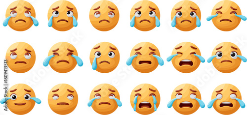 Various Crying Emoji Faces Expressing Sadness and Emotional Turmoil on a White Background