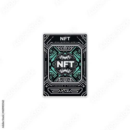 A stylized NFT card design with a futuristic, circuit-board aesthetic, featuring the acronym "NFT" prominently displayed.