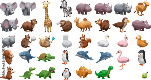 Diverse collection of adorable cartoon animals featuring various species for educational purposes