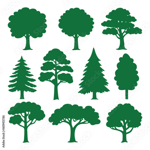 Collection of green tree silhouettes in various shapes and sizes