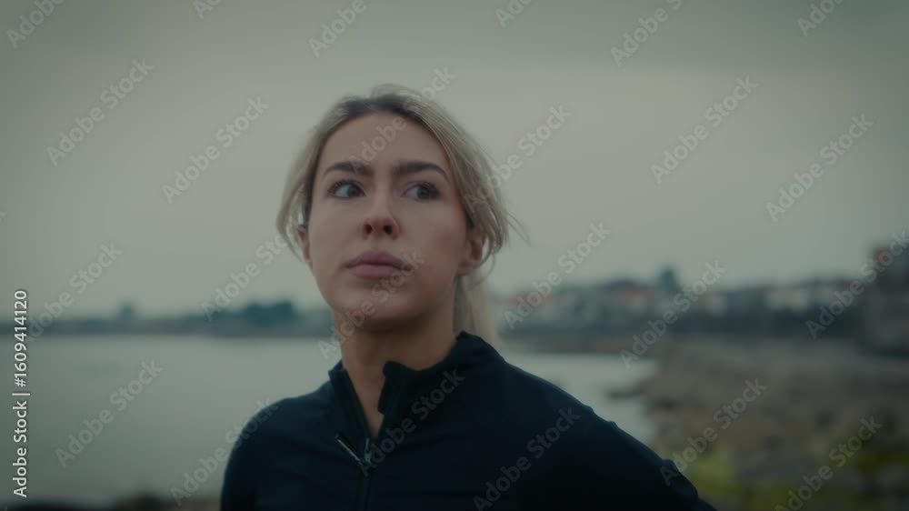 A female in athletic clothing, walking near the beach or sea under an overcast sky. A female in athletic clothing, walking near the beach or sea under an overcast sky.