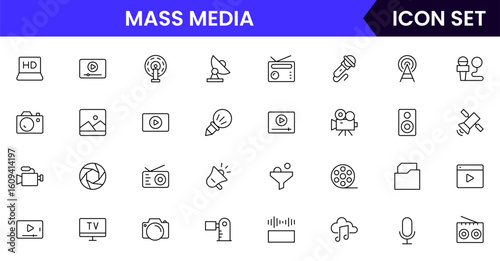 Mass media vector line icons featuring newspapers, microphones, cameras, TV screens, broadcasting, social media, journalism, communication, and news distribution symbols.