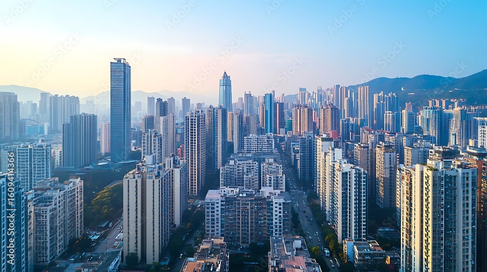 Obraz premium Skyline view of modern cityscape with high rise buildings and clear sky background