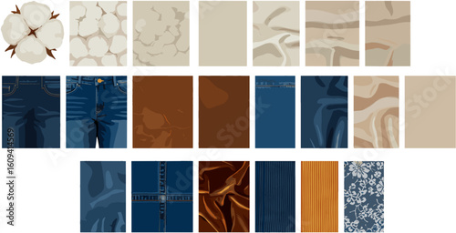 Cotton Textiles and Fabric Swatches: Denim, Brown Suede, and Patterned Vector Textures