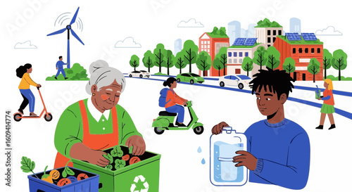 Sustentability exploring sustainable city living with renewable energy and eco friendly transportation for a greener future vector