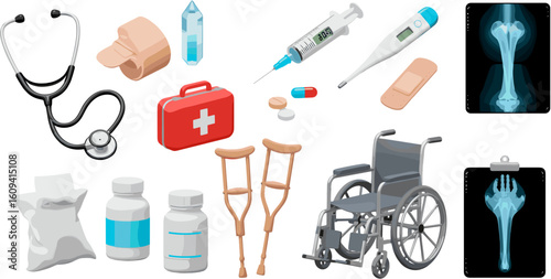 Essential Medical Equipment: Vector Illustrations for Healthcare, Treatment, and Recovery Applications