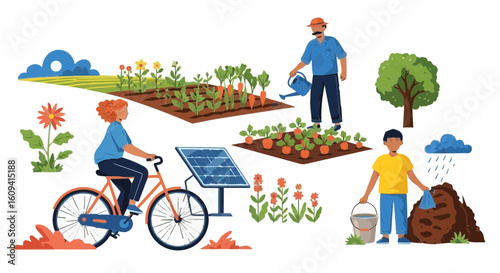Sustentability sustainable living and renewable energy illustration featuring gardening and solar power technology design vector
