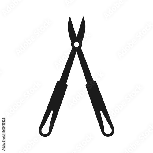 A simple black silhouette of garden shears or pruning shears, isolated on a white background. The tool is open, ready for use.