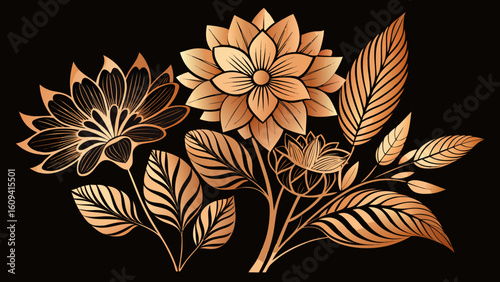 Vector art of elegant copper floral design with lotus flowers and leaves on a black background