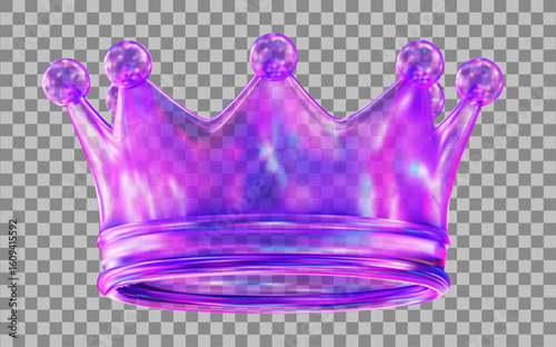3d glass transparent neon crown. Textured king holographic y2k crown. Stock vector illustration on isolated background.