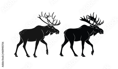 Two silhouetted moose with antlers walking side by side