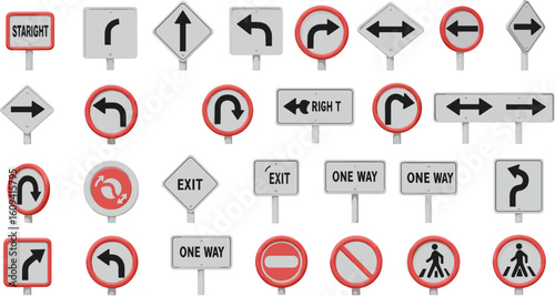 Diverse Collection of Road Signs Illustrating Traffic Regulations and Directional Information