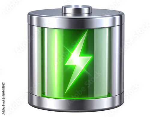  Flat Full Battery Icon with Green Fill and Lightning Bolt, Minimal Vector Style, Isolated and transparent the background.