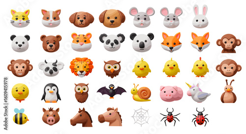 Charming Array of Animal Faces Created with Clay on White Background Displayed Neatly