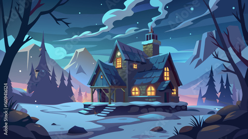 Vector art of a picturesque winter scene featuring a lit cottage with smoke rising from its chimney