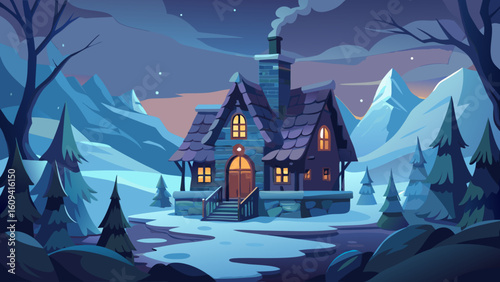 Vector art of a storybook winter cottage glows warmly amidst a serene, snowcovered mountain forest at night