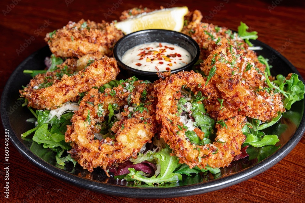 Fototapeta premium Crispy Fried Calamari with Lemon-Garlic Aioli and Greens on a Black Plate, Top-Down View, Food Photography, Restaurant Dish, Seafood Appetizer