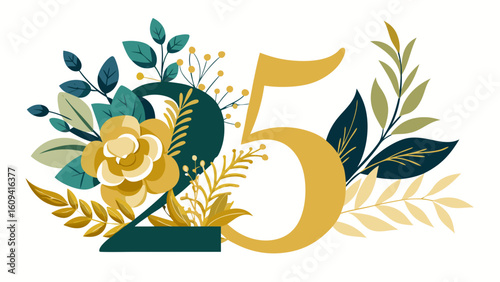 Vector art of elegant golden number 25 embellished with lush green and gold botanical floral accents