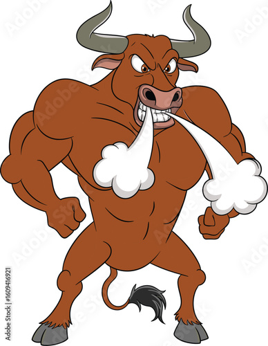 Angry cartoon bull flexing muscles with steam from nose, strong wild animal character, aggressive pose, cad vector flat illustration