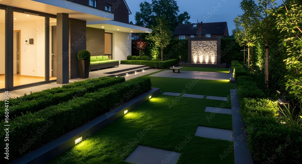Obraz premium Modern Garden with Sleek Black Recessed Lights and Vibrant Emerald Green Accents – Contemporary Outdoor Lighting for a Stylish, Inviting, and Lush Landscape Design