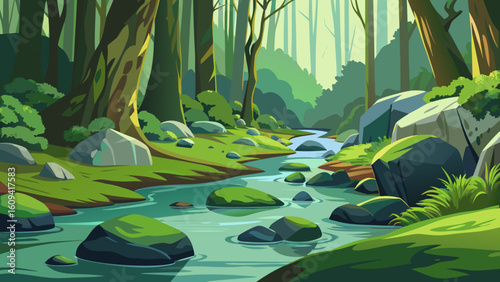 Vector art of a serene forest scene unfolds with a winding stream flowing through lush green foliage and mosscovered rocks