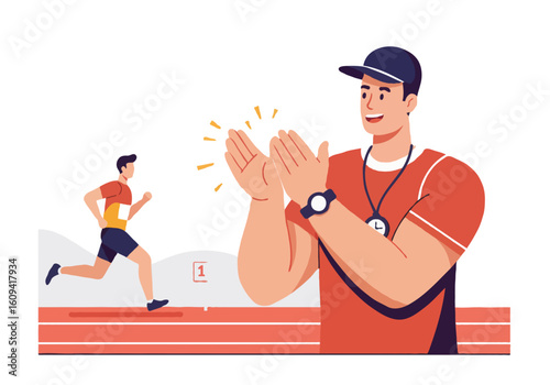 Athletics Coach Encouraging Runner on Track with Enthusiastic Applause