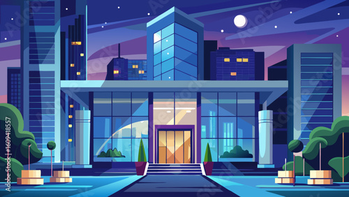 Vector art of a modern glassfronted office building stands tall in a city at night, illuminated by the moon and city lights
