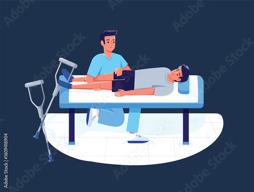 Physical therapist examining patient with injured leg during a rehabilitation session vector illustration.
