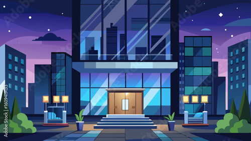 Vector art of a modern building facade at night with glowing windows and entrance, surrounded by urban cityscape and starry sky