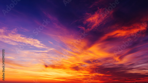 Dramatic sunrise with gradient orange and purple clouds, creating a panoramic abstract sky view.