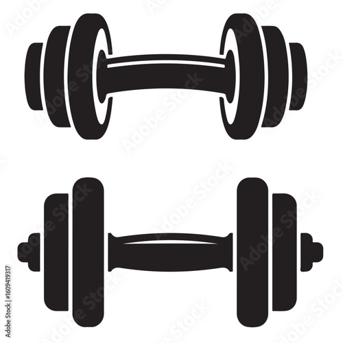 dumbbell silhouette vector illustration, dumbbell icon vector strong hand lifting up steel dumbbell silhouettes