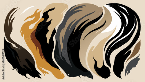 Vector art of an abstract artistic representation showcases a variety of hair colors and textures flowing in dynamic, stylized patterns
