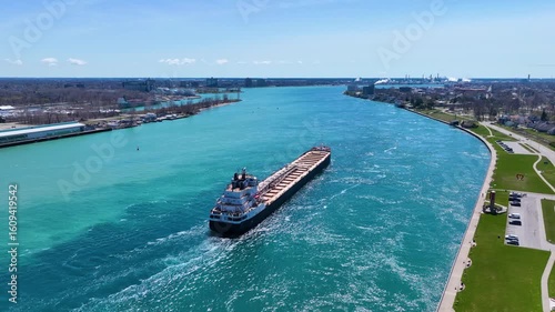 Bulk carrier SAM LAUD sailed on St. Clair River to Lake Huron aerial view. This river divided Port Huron, Michigan, USA and Point Edward, Ontario, Canada. 