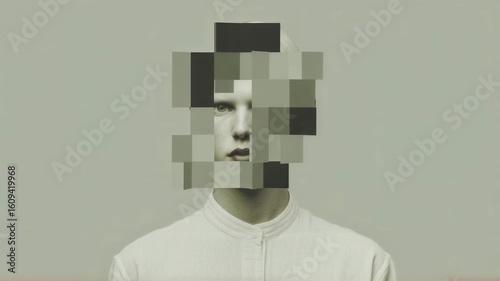 Pixelated face video effect on person in white shirt. Digital identity concept, privacy protection, anonymity online. Surreal portrait glitch art for social media