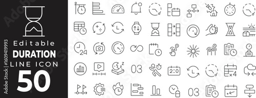 Time and Duration Icons Collection in Line Style. Linear icons representing clocks, hourglasses, timers, schedules, countdowns, and calendar events.