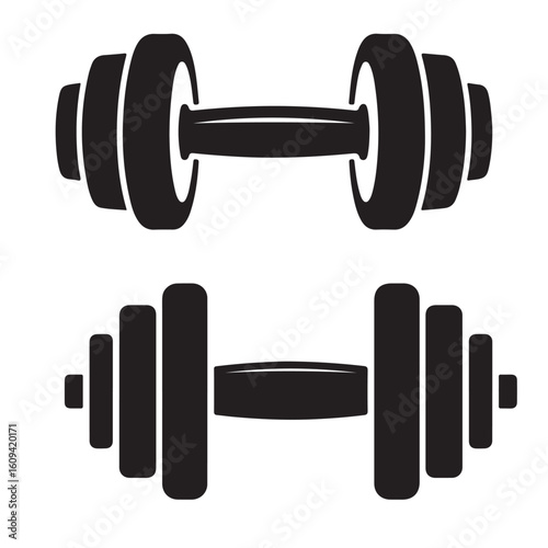 dumbbell silhouette vector illustration, dumbbell icon vector strong hand lifting up steel dumbbell silhouettes