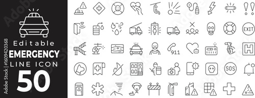 Emergency and Safety Icons Collection in Line Style. Linear icons representing urgent situations, medical aid, rescue services, alerts, and protection equipment.