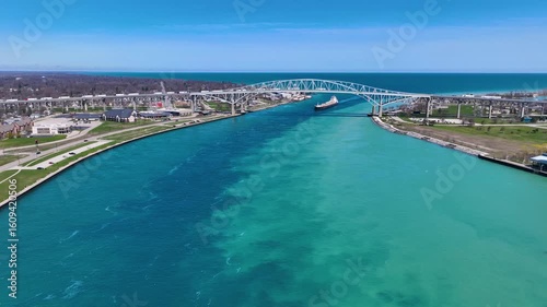 Blue Water Bridge is an international bridge across the St. Clair River links Port Huron, Michigan, USA (left) and Point Edward, Ontario, Canada (right). 