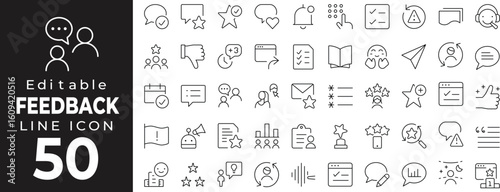Feedback and Communication Icons Collection in Line Style. Linear icons featuring surveys, ratings, testimonials, messaging, marketing, and social interaction elements.
