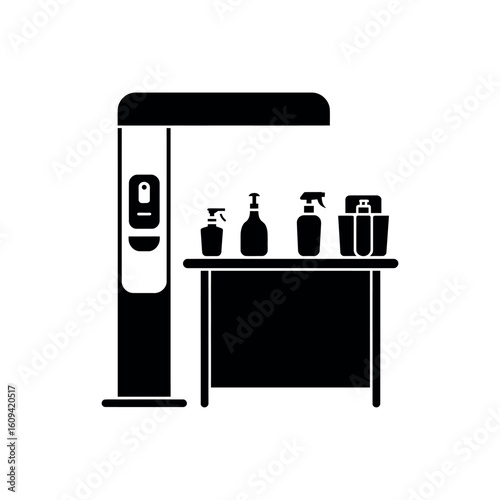 Black silhouette of a sanitizing station with spray bottles on a table cleaning supplies disinfection
