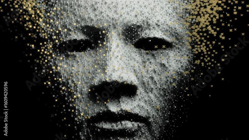 Dissolving face sculpture video. Man's features disintegrating into particles. Artistic concept of identity loss, transformation, and decay. Dark surreal animation.