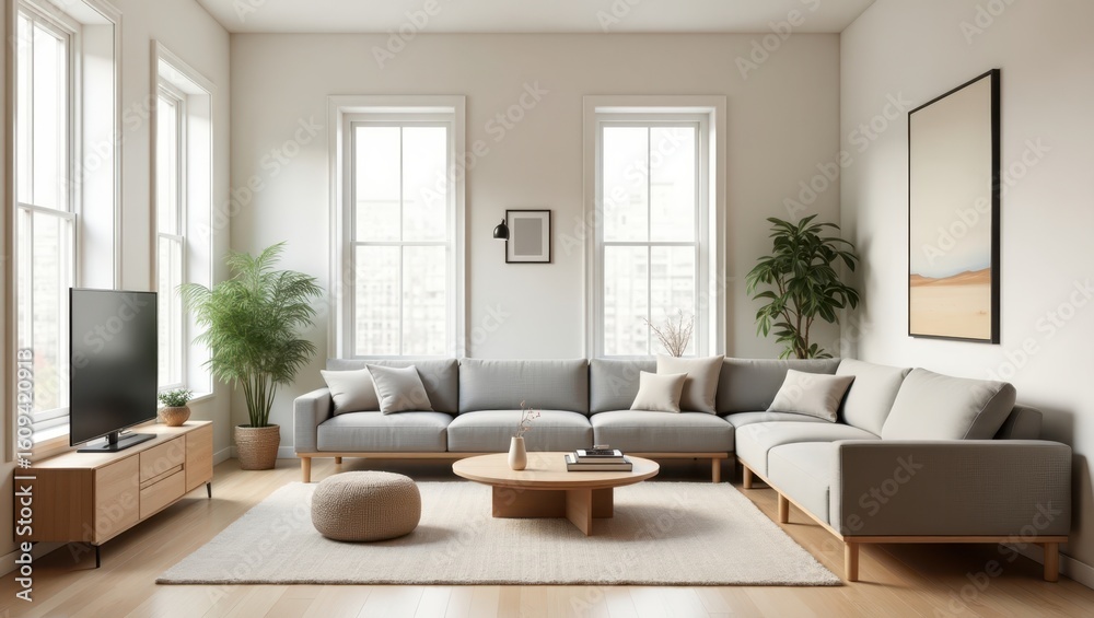 Fototapeta premium Light gray sectional sofa in a modern living room.